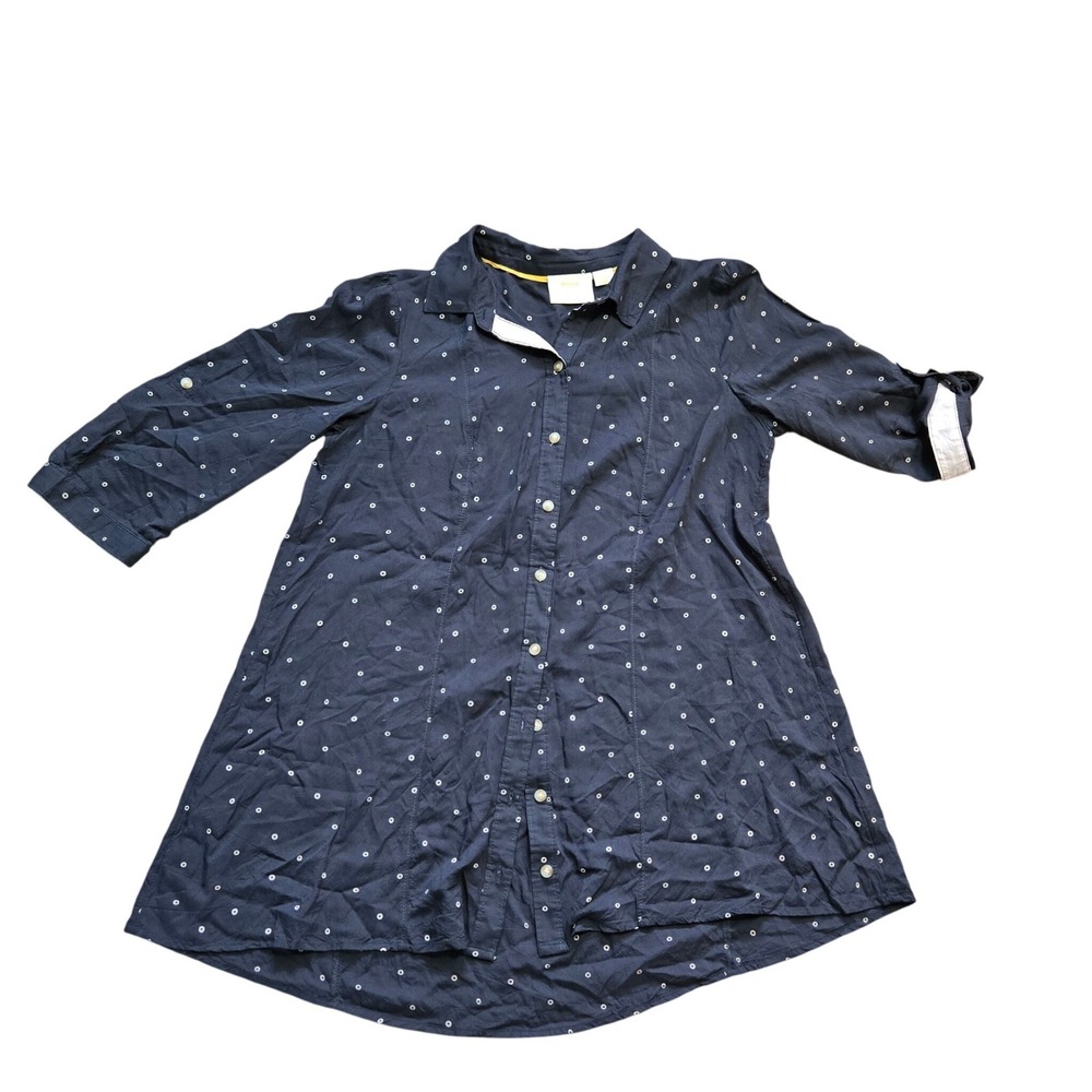 Maeve Anthropologie Navy Polka Dot Button Down Tunic Top Womens Medium Roll Tab - Picture 2 of 11
